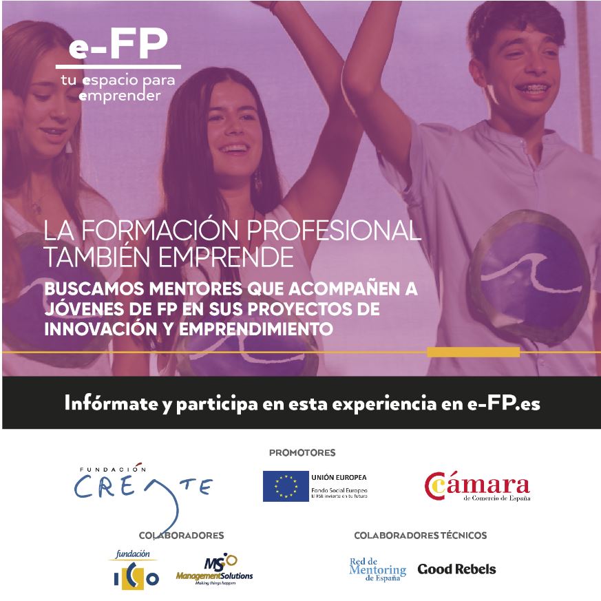 Cartel sobre la e-FP. La formación profesional también emprende. Buscamos mentores que acompañen a jóvenes de FP en sus proyectos de Innovación y emprendimiento