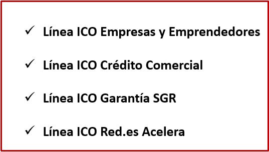 Imagen con los nombres de las distintas  Líneas ICO para inversión nacional